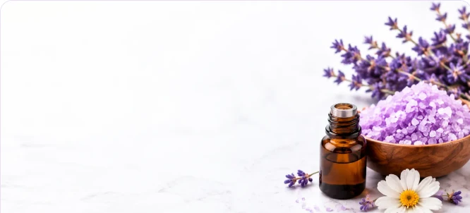 Bath salts with lavender, bath salt crystals and bath accessories